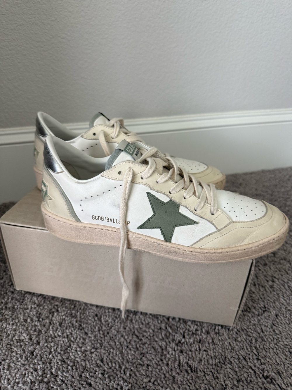 Golden Goose Cream Leather Sneakers with Olive Star